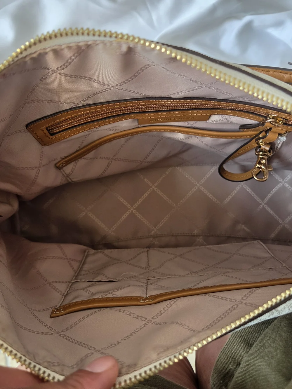 Michael Kors Cream Canvas Hobo with Tan Leather Trim